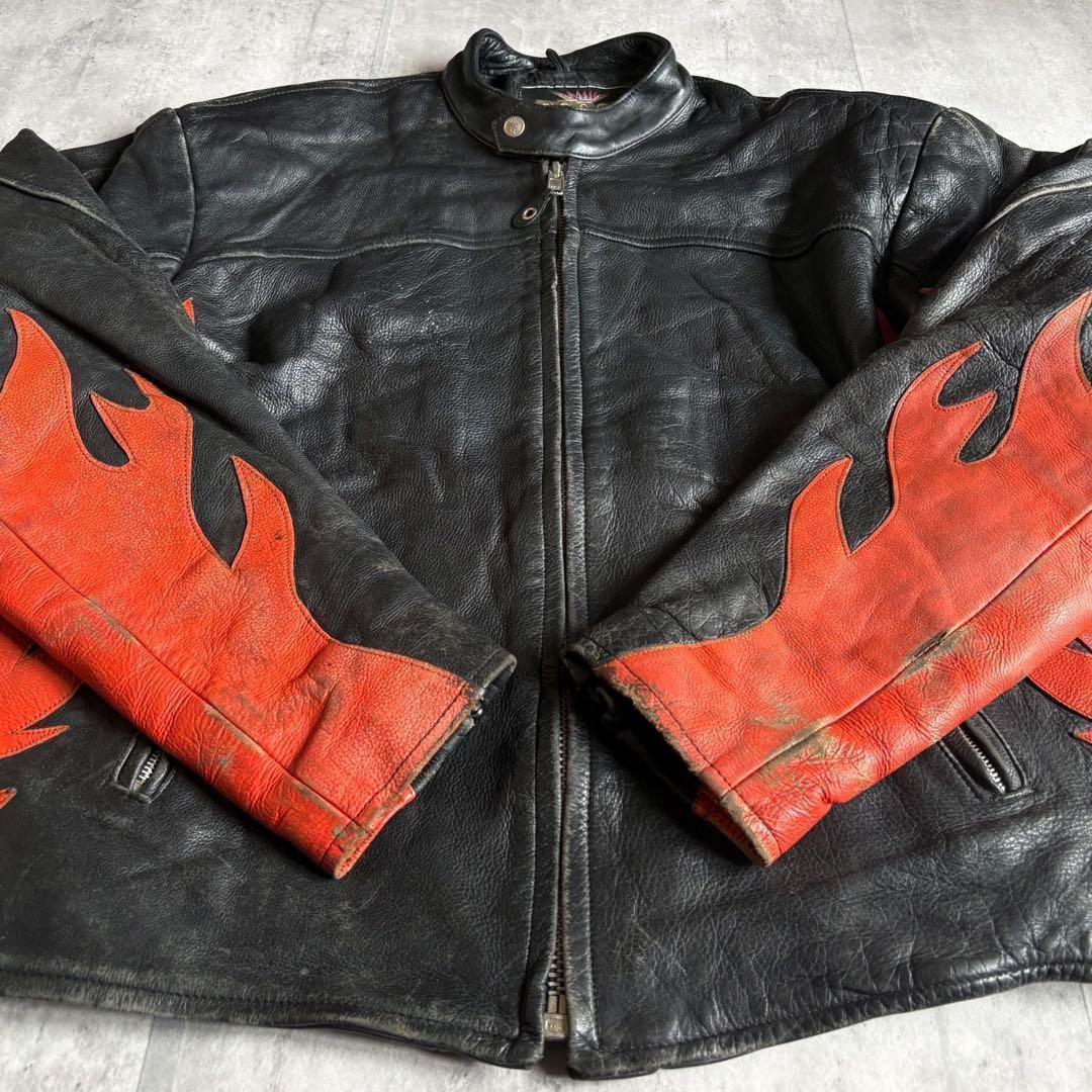 【90s vintage】ライダース　シングル　ファイアパターン　本革　古着