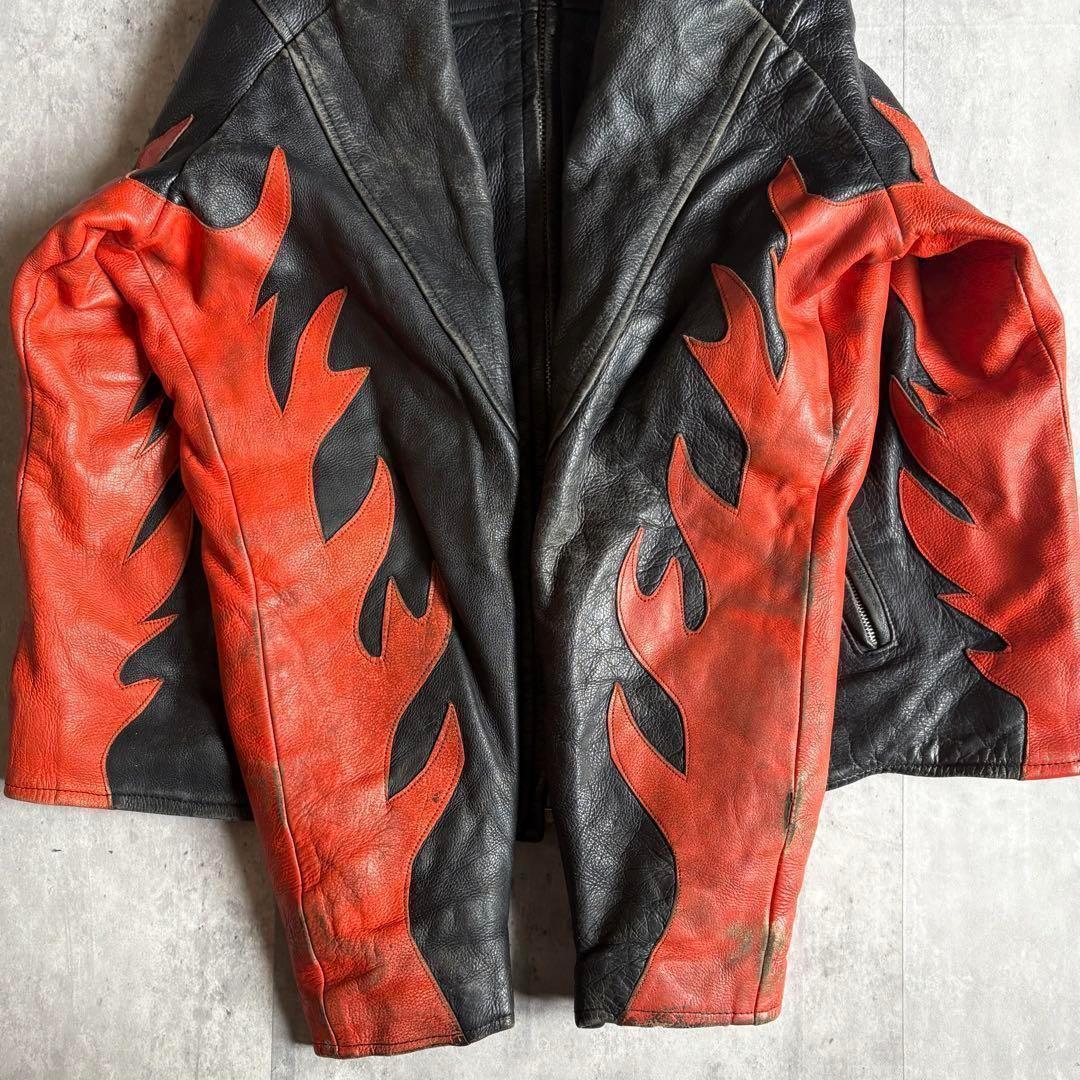 【90s vintage】ライダース　シングル　ファイアパターン　本革　古着