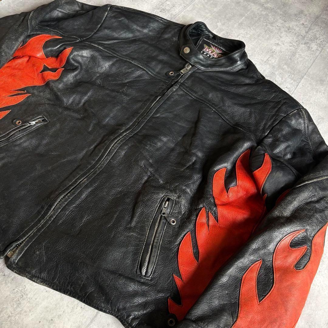 【90s vintage】ライダース　シングル　ファイアパターン　本革　古着