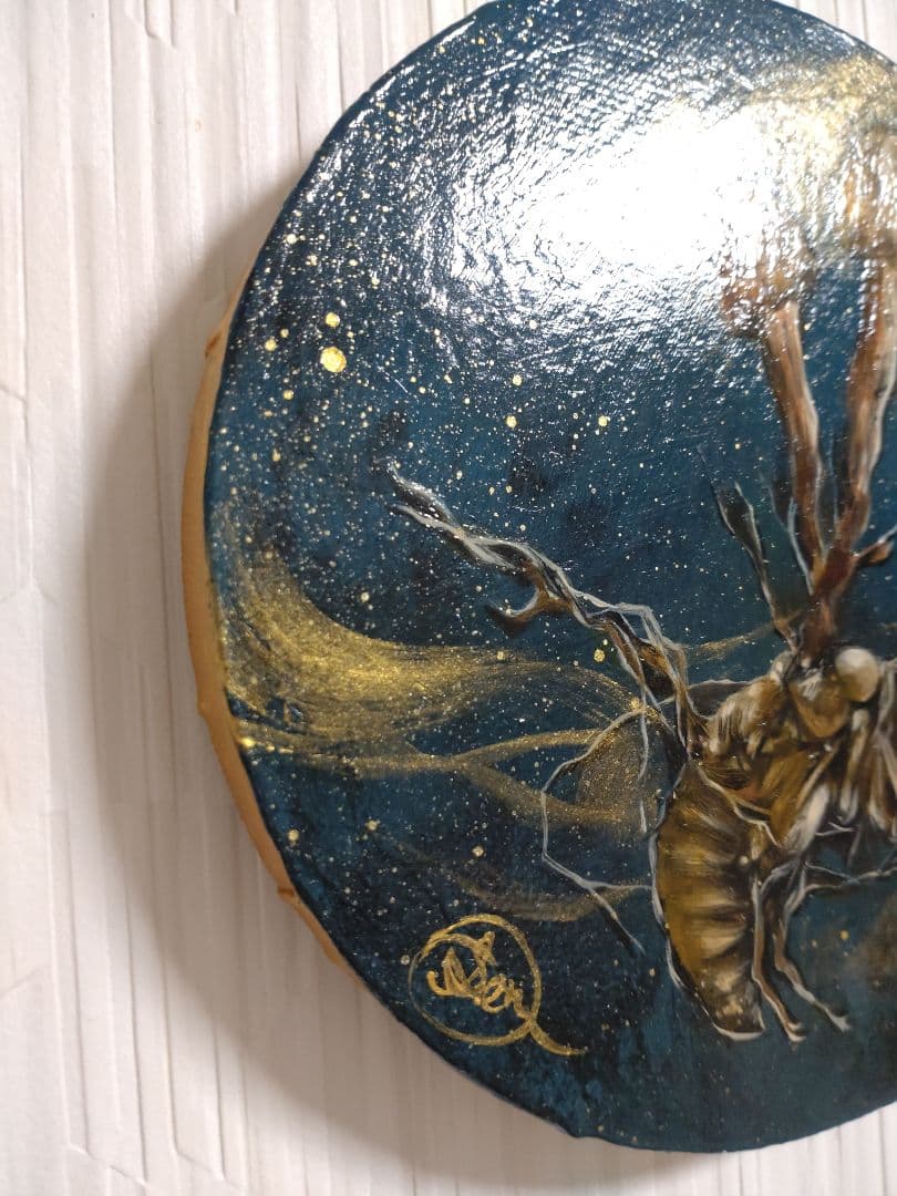 冬虫夏草の油絵【オオセミタケ】1点物の絵画◆作者サイン入り/円型キャンバス