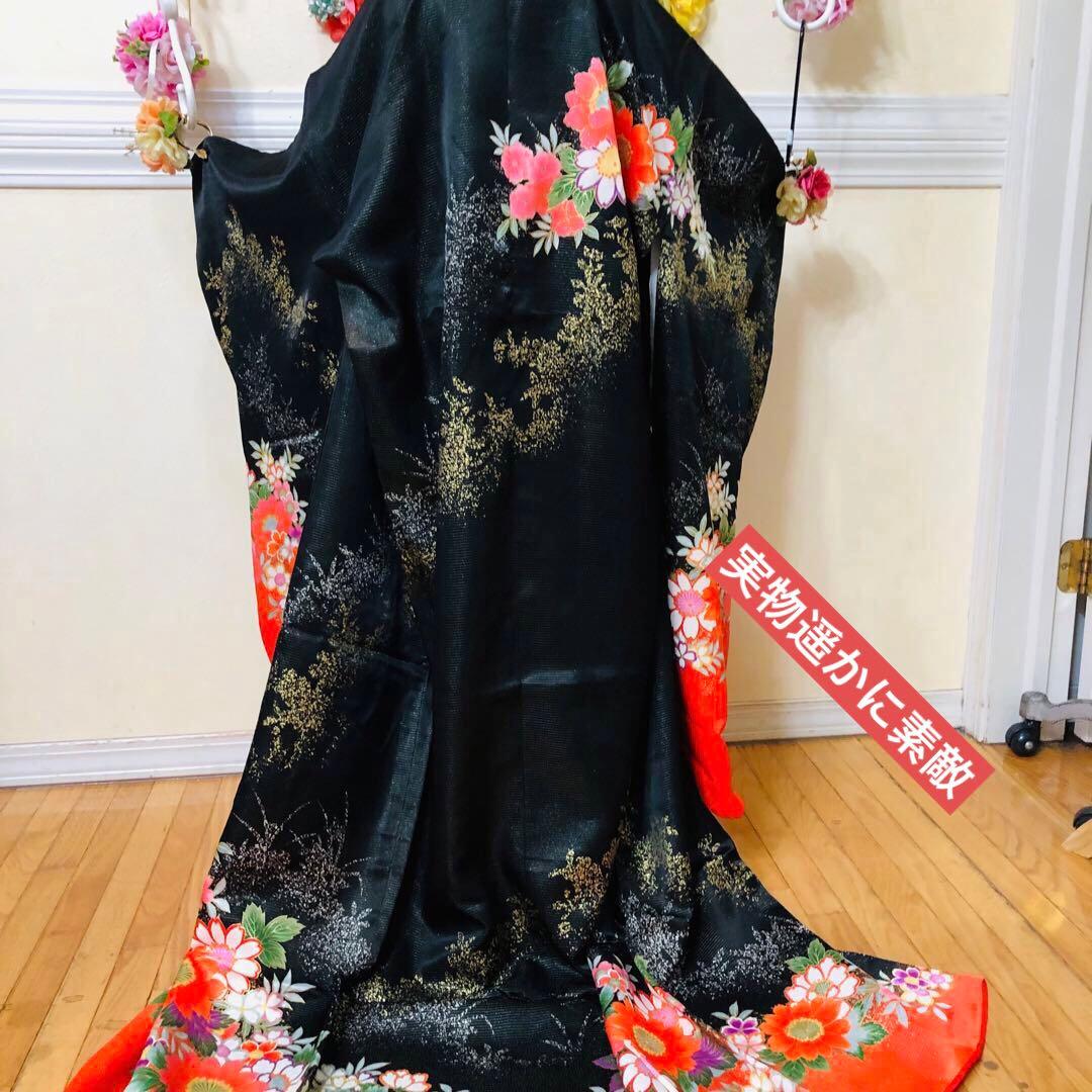 七五三七歳❣️豪華黒地ラメ花々金彩⭐︎正絹全通袋帯刺繍煌びやか⭐︎完全フルセット