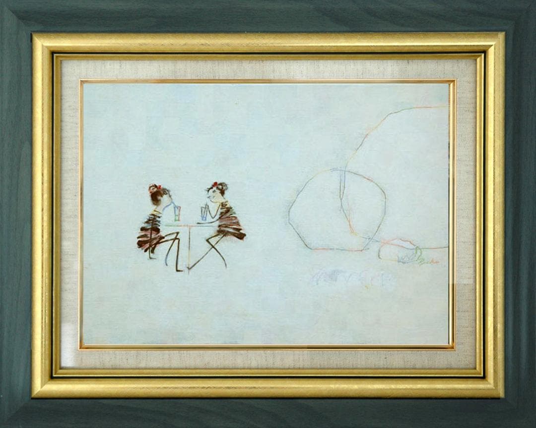 油絵 菅家令子 絵 絵画インテリア額付(青緑＋金色の枠)F4-081714 女子