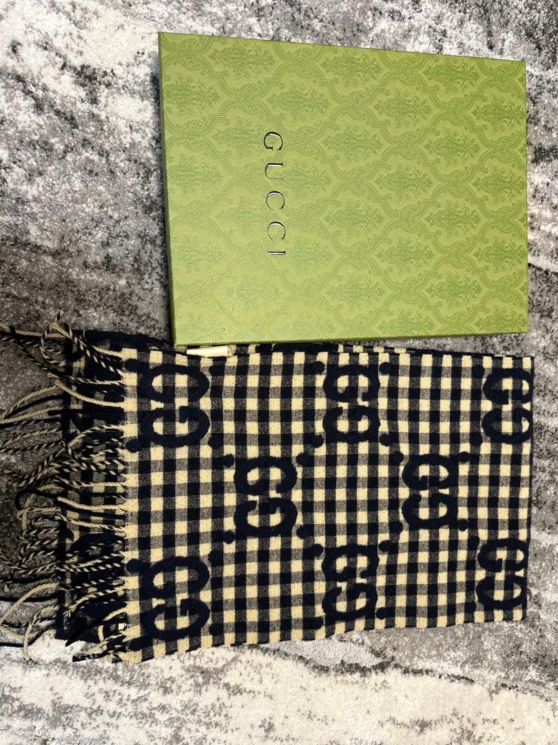 GUCCI チェック柄マフラー ネイビー/ベージュ