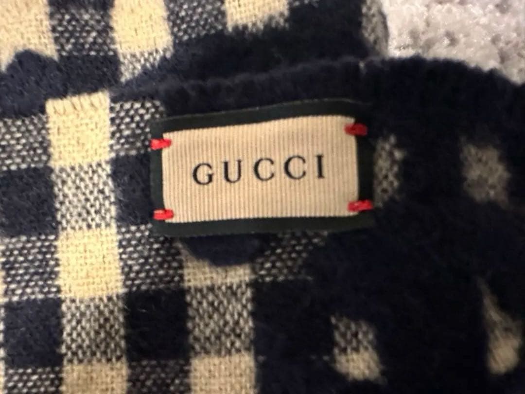 GUCCI チェック柄マフラー ネイビー/ベージュ
