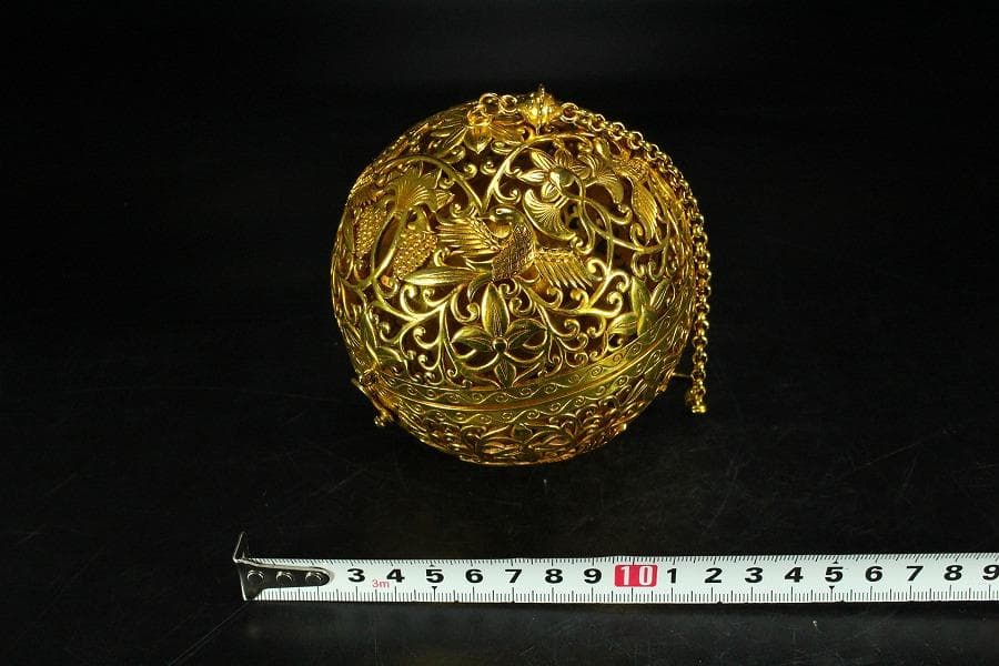 香道具 鍍金 纏枝蓮花 鳳紋透かし 吊り香炉 球香炉 唐物(K-YC347-2)