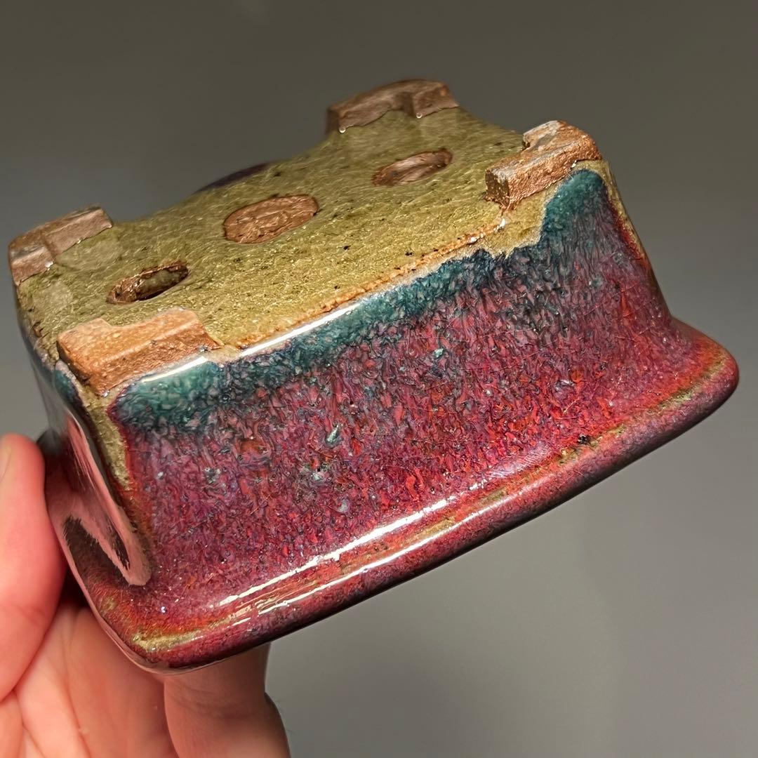 829.秋直 窯変辰砂釉外緣長方 盆栽鉢 植木鉢 10.1*9.2*4.5cm