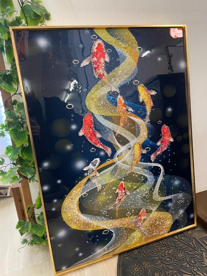 水晶絵　アートパネル　昇り鯉　鯉の滝登り　鯉　コイ　クリスタル　絵画　アート