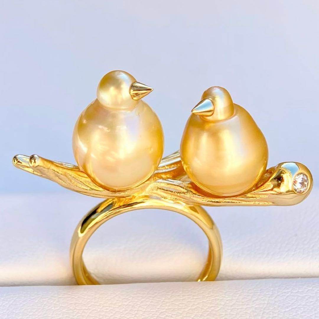 本真珠南洋白蝶真珠ゴールド&濃金s925「鳥と枝」リングY1005