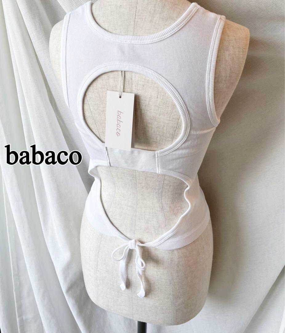 babaco バックオープンとリボンデザイン シルクリブタンクトップ