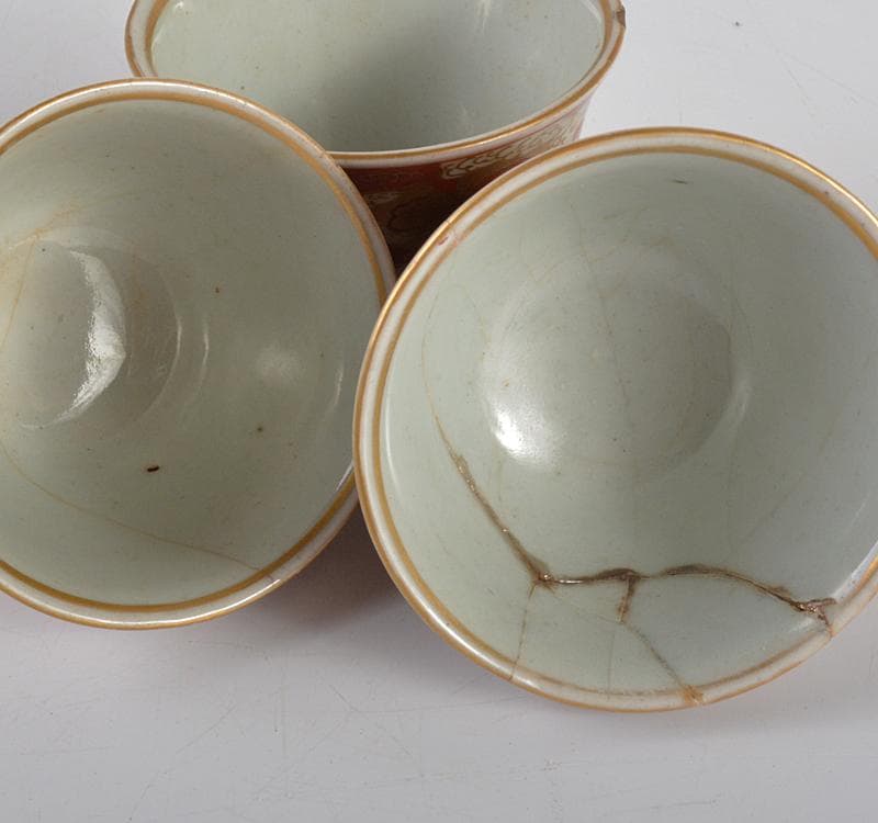 九谷焼　古九谷　大日本九谷製　赤絵金彩　玉露茶碗　煎茶器　5客　M　R4767