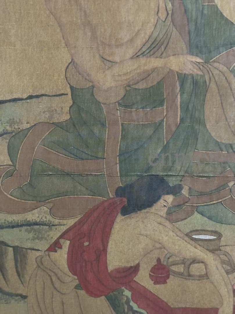 中国古美術 清時代 絹本手描き 呉道作款 羅漢図 三尺 牙軸 古玩 水墨画 掛軸