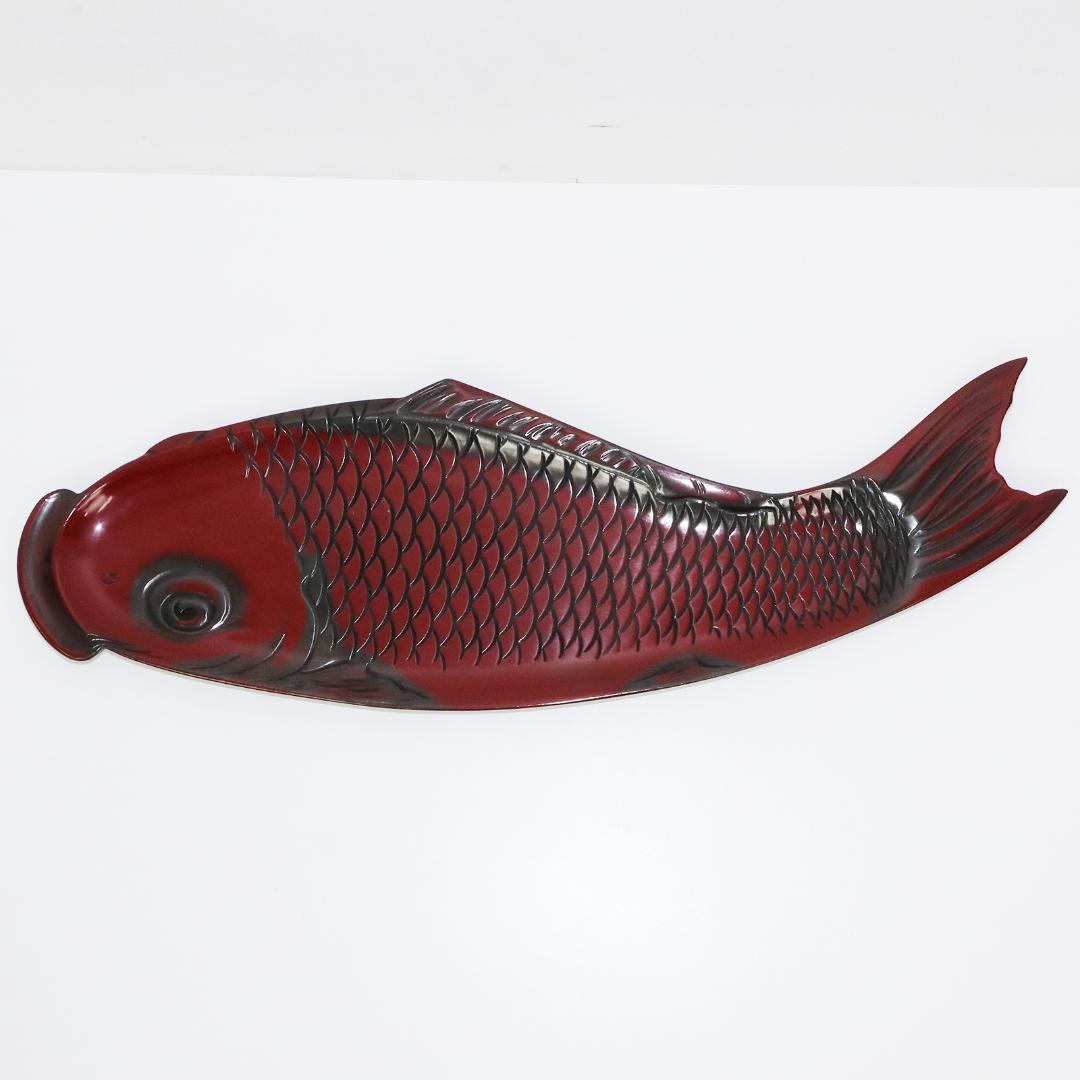 煎茶道具 朱漆 鯉型 大煎茶盆　横幅 57cm