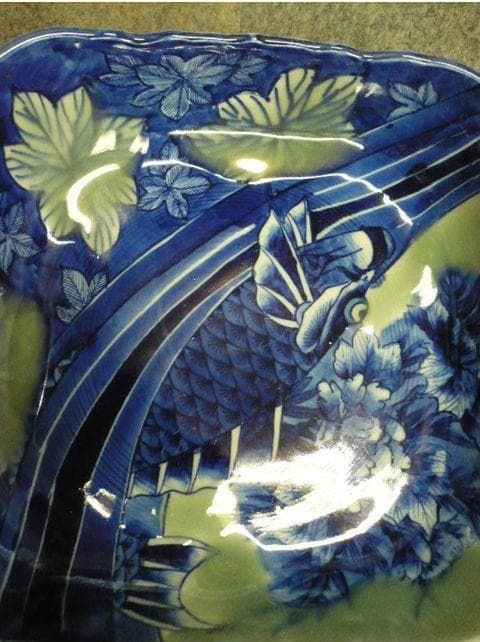 伊万里 染付 魚図 青磁 角鉢 [B31316]