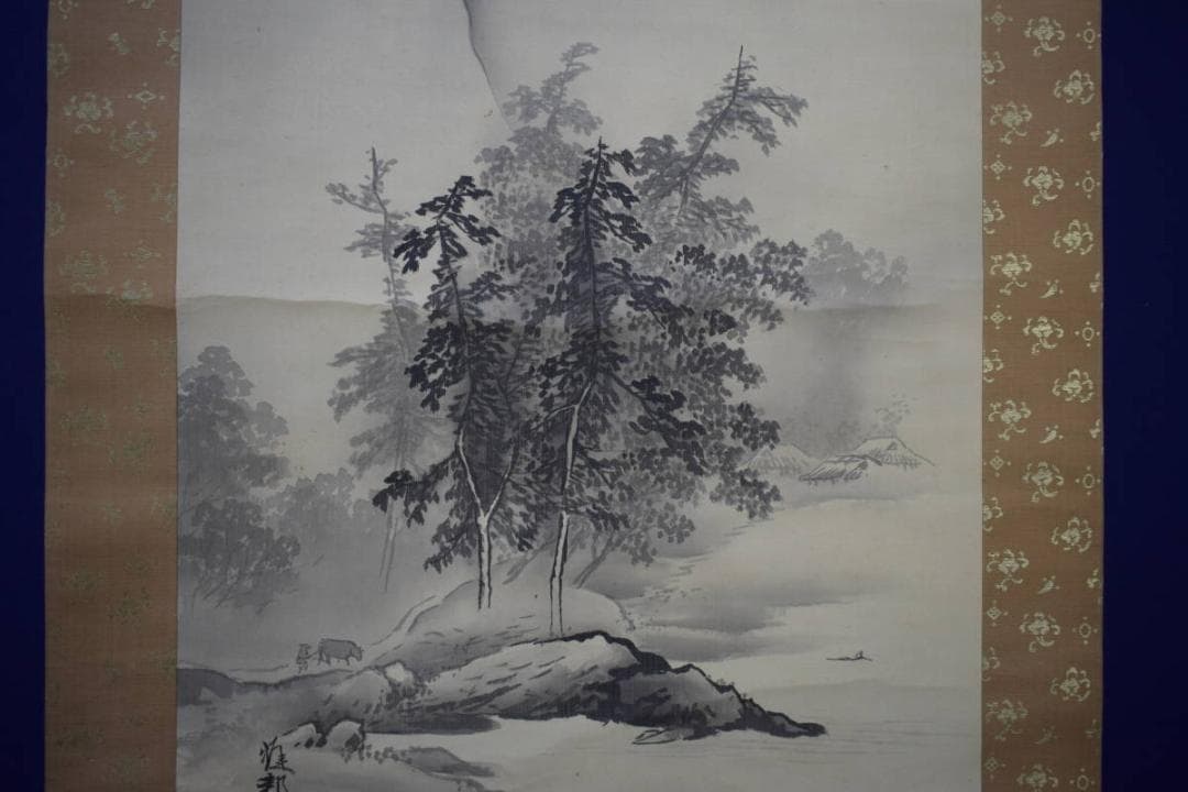 真作/橋本雅邦/渓山帰牛図/橋本秀邦の桐極箱付/布袋屋掛軸HG-951