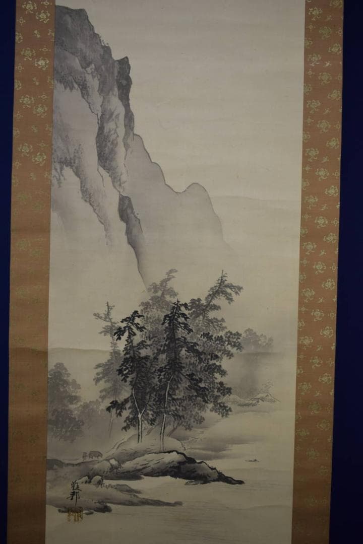 真作/橋本雅邦/渓山帰牛図/橋本秀邦の桐極箱付/布袋屋掛軸HG-951