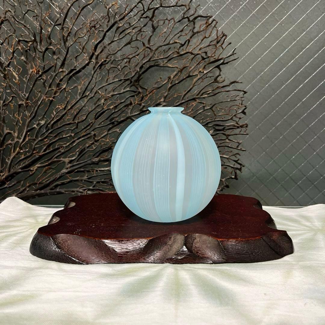 骨董　現代作家　富山ガラス工房　作家作品　縞模様　スカイブルー　かぶら型　花器