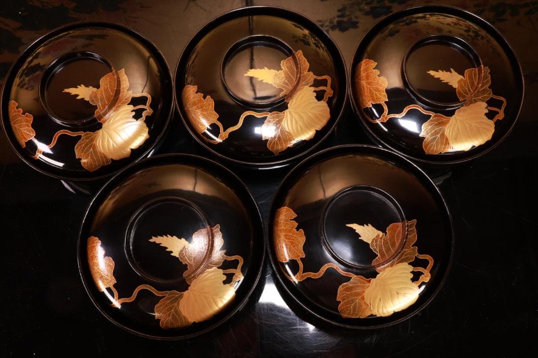 turu　BJ023 時代輪島塗　鬼灯図金蒔絵　吸物椀　八客　木製