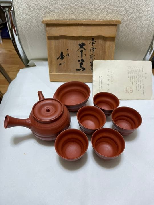 人間国宝　三代目山田常山作　常滑焼朱泥茶器セット　煎茶