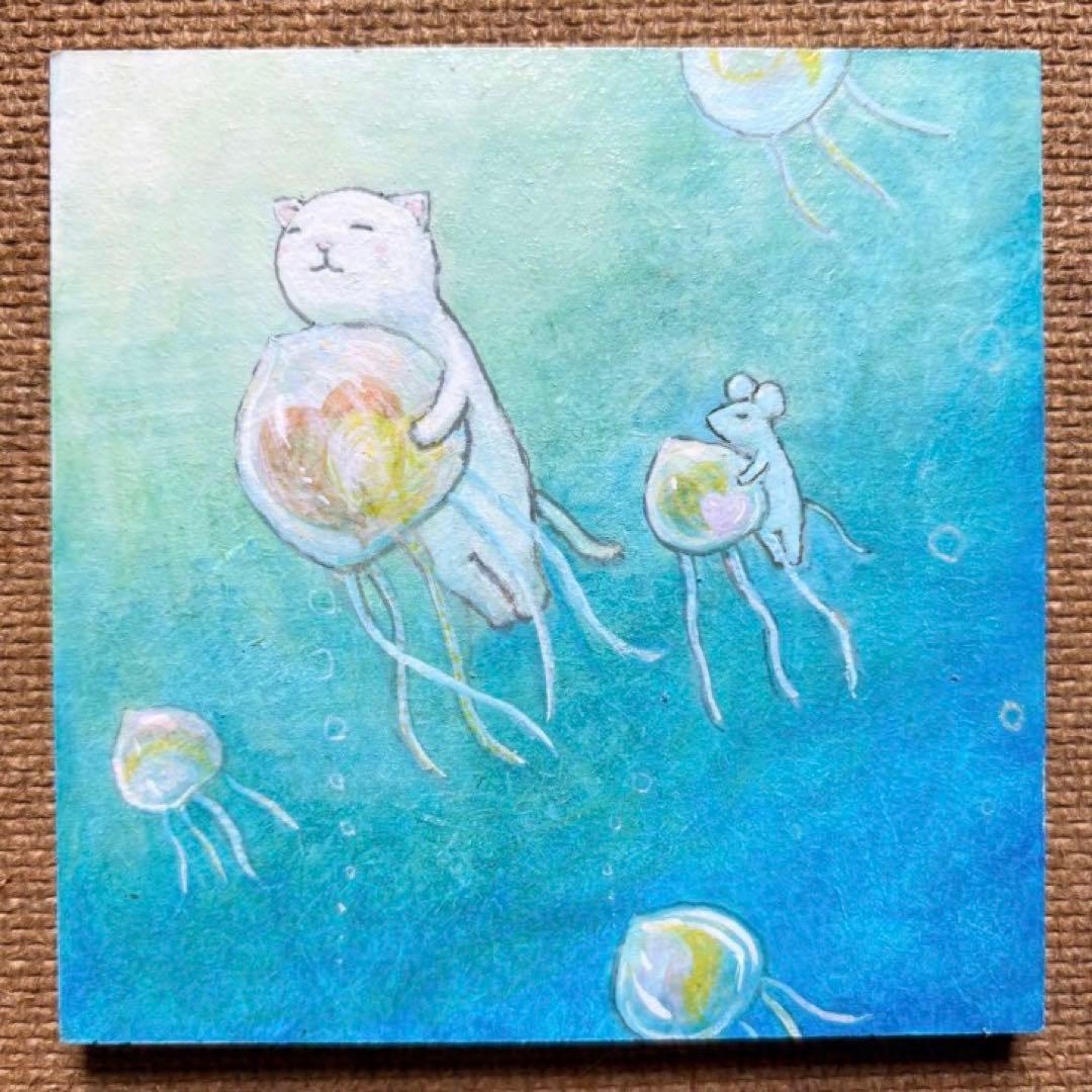 けい　自作絵画　ネコかまくら　猫とネズミと小鳥の絵