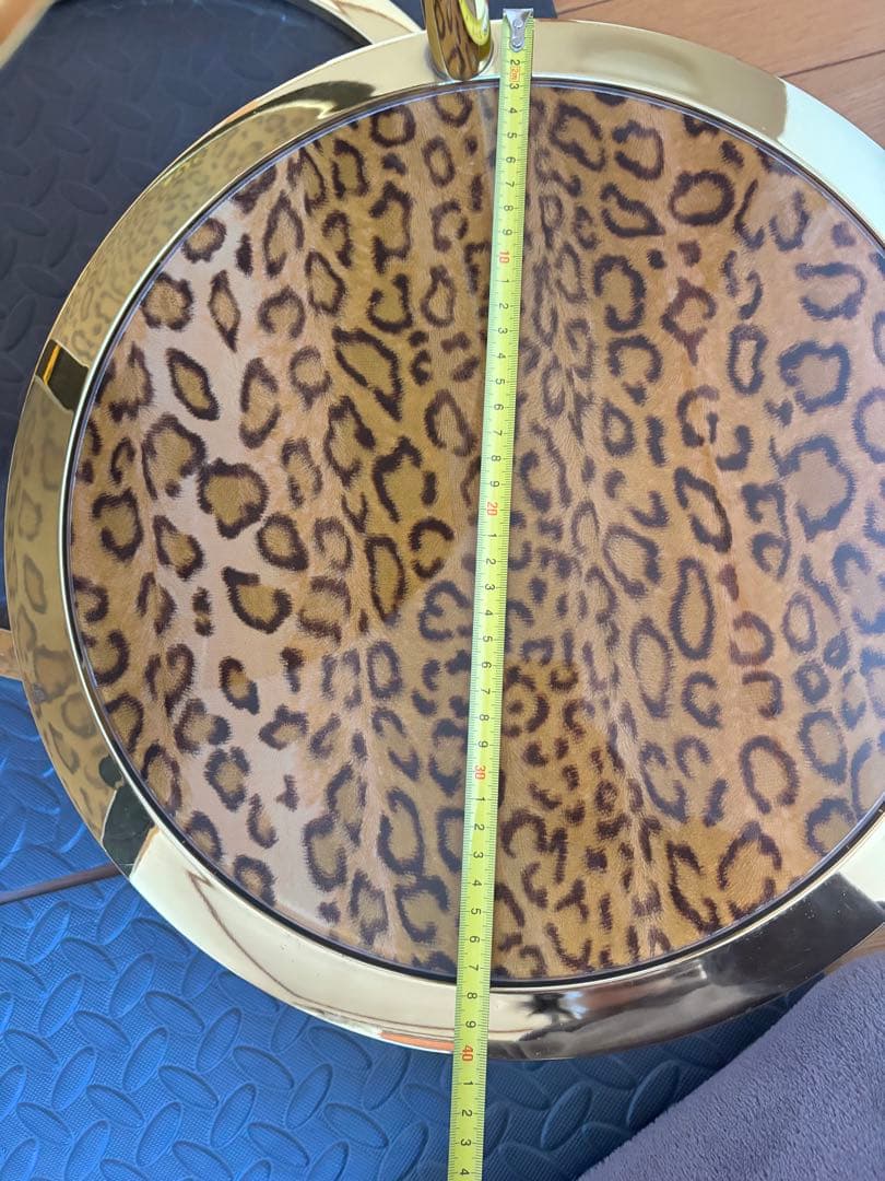円形スライドテーブル　サイドテーブル　豹柄　ガラステーブル　ラウンドテーブル