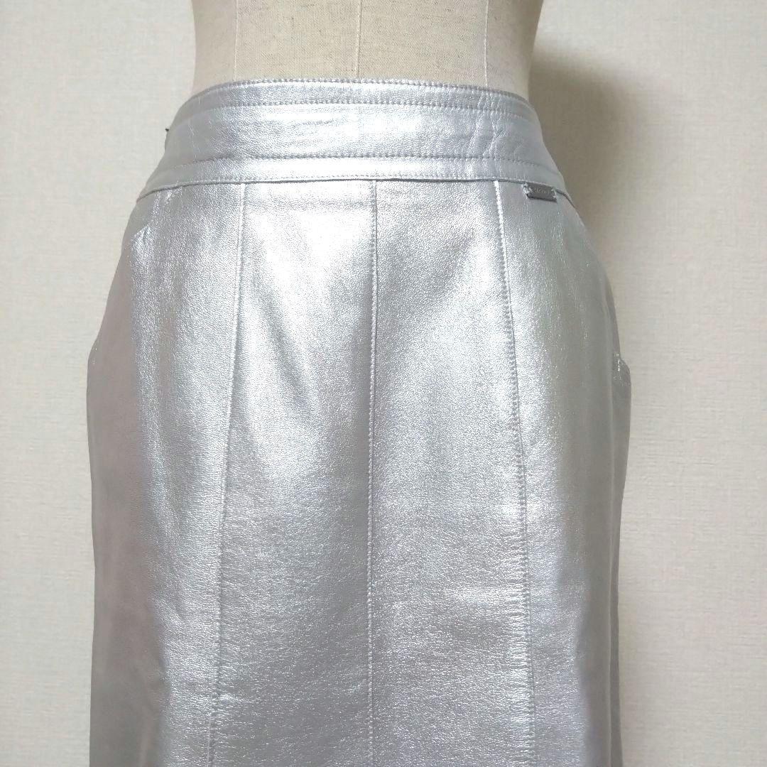 正規品 CHANEL シャネル レザースカート ラムレザー 膝丈 シルバー