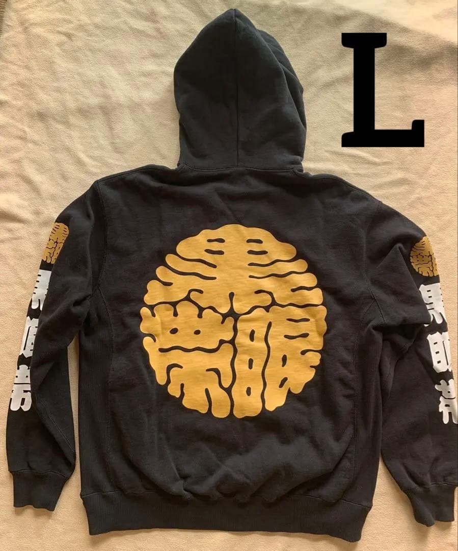 ブラックアイパッチ 黒眼帯 バックプリント 家紋ロゴ パーカー L