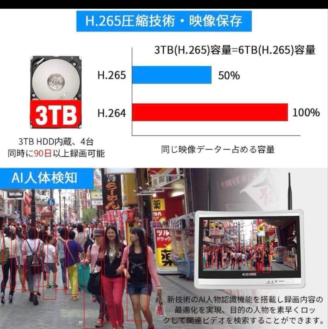 12インチ液晶一体型3TBHDD内蔵NVR カメラ4台セット