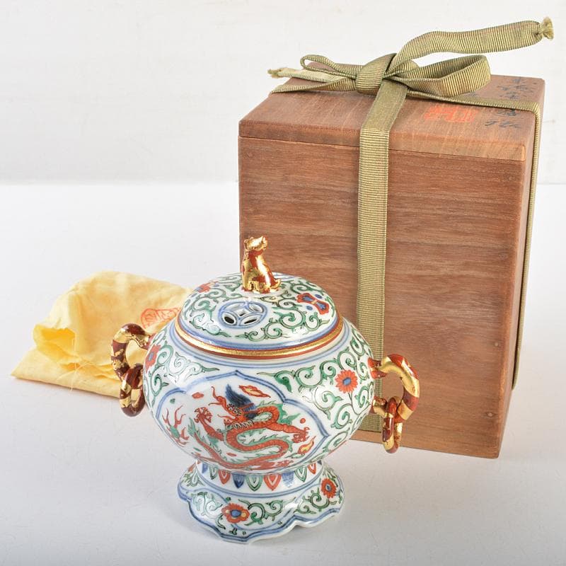篩月庵　三浦竹泉造　赤絵金彩　花唐草龍文　双耳遊環香炉　共布共箱　J　R7438