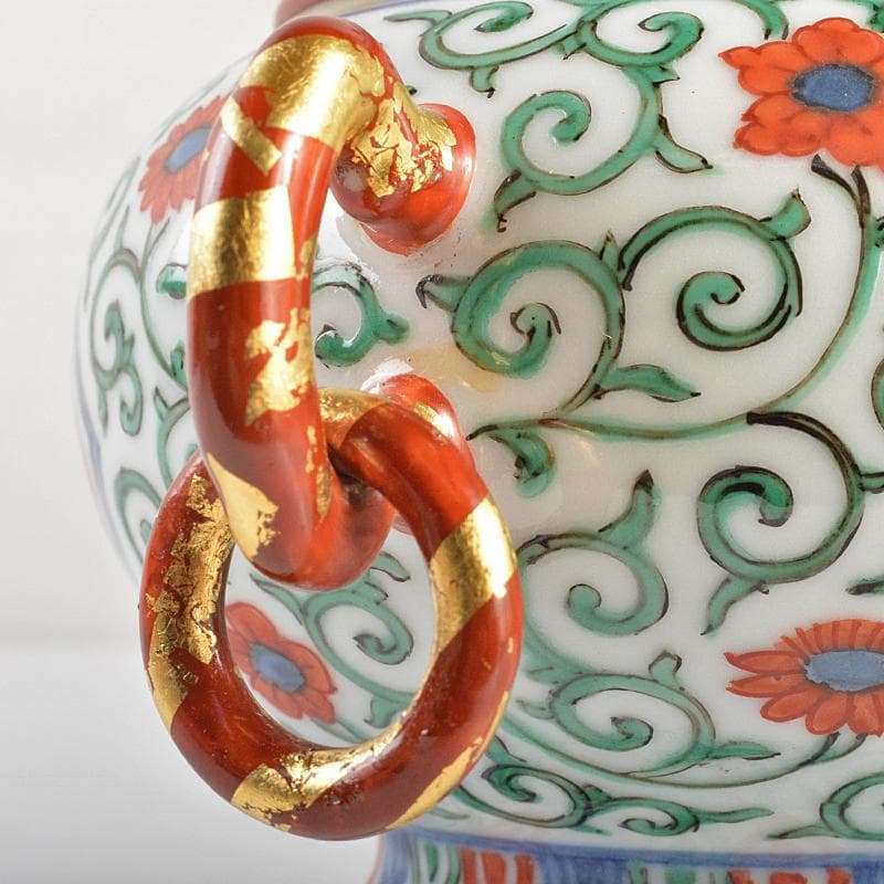 篩月庵　三浦竹泉造　赤絵金彩　花唐草龍文　双耳遊環香炉　共布共箱　J　R7438