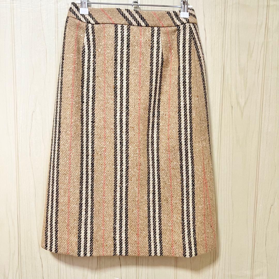 【バーバリーロンドン】ウールノバストライプラップスカート☆ミモレ丈☆ボタン☆S