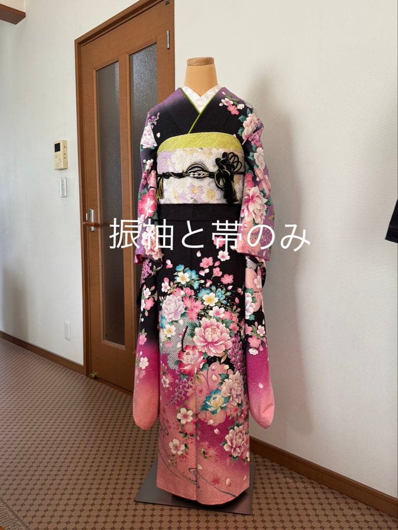 かなりあ 振袖 花柄 黒 ピンク 帯付き