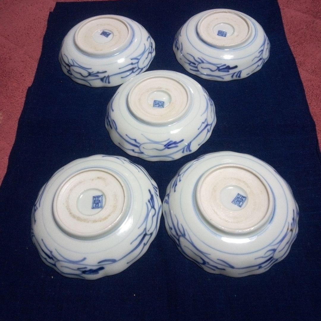 明治前期 古伊万里 なます皿 花文線描 ５枚