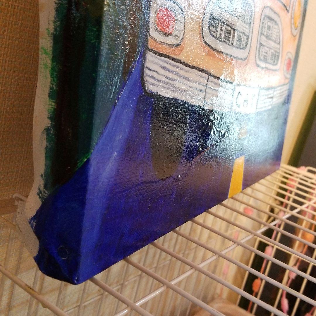 油絵　ボルボに乗る猫の家族