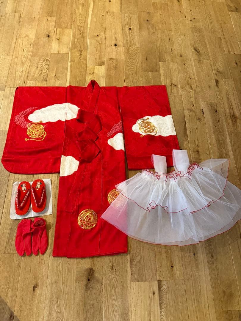 七五三　女の子アンティーク着物、被布、草履、足袋セット