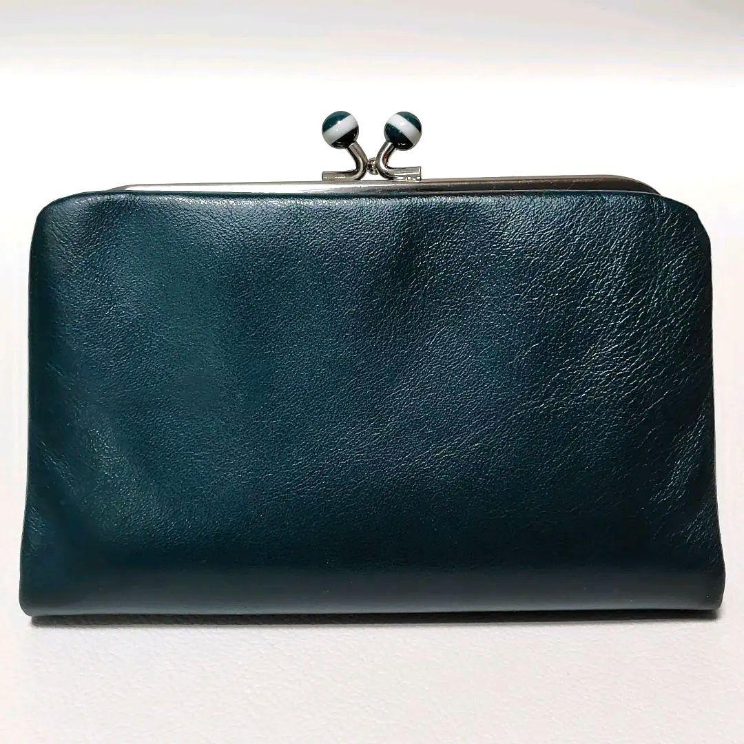 アニエスベー　二つ折り財布　深緑　レザー　がまぐち　ボーダー　シンプル