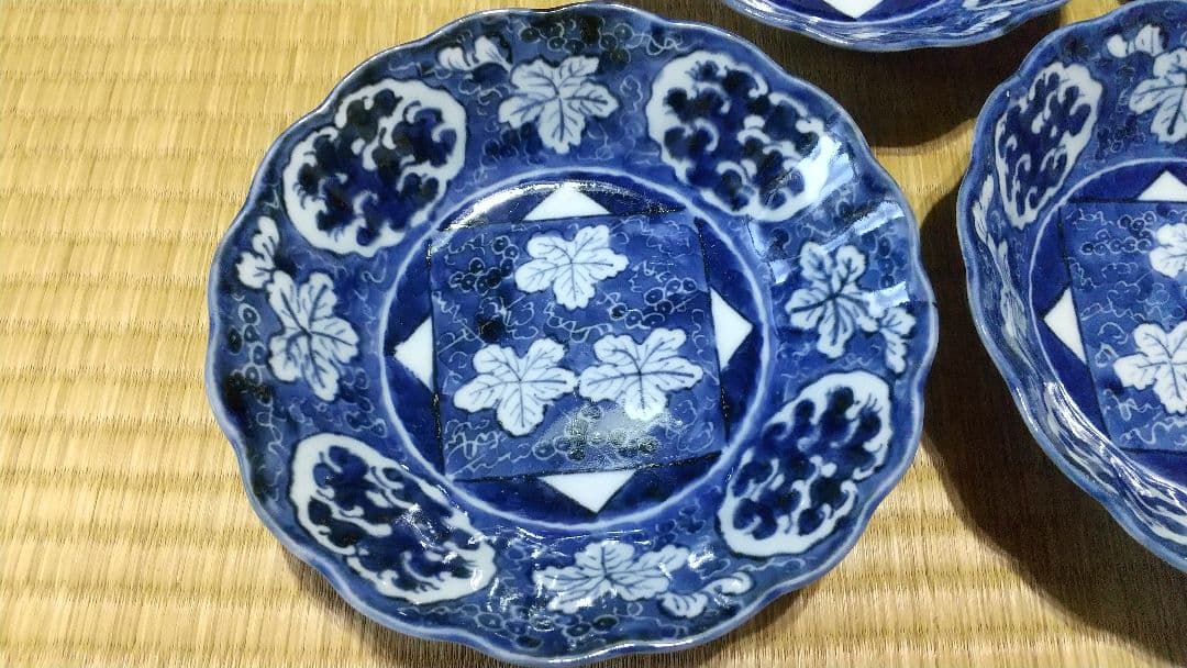 ５客　古伊万里　染付　葡萄紋　向付・皿・鉢　美品！