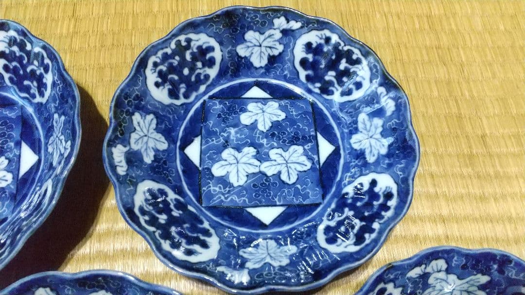 ５客　古伊万里　染付　葡萄紋　向付・皿・鉢　美品！