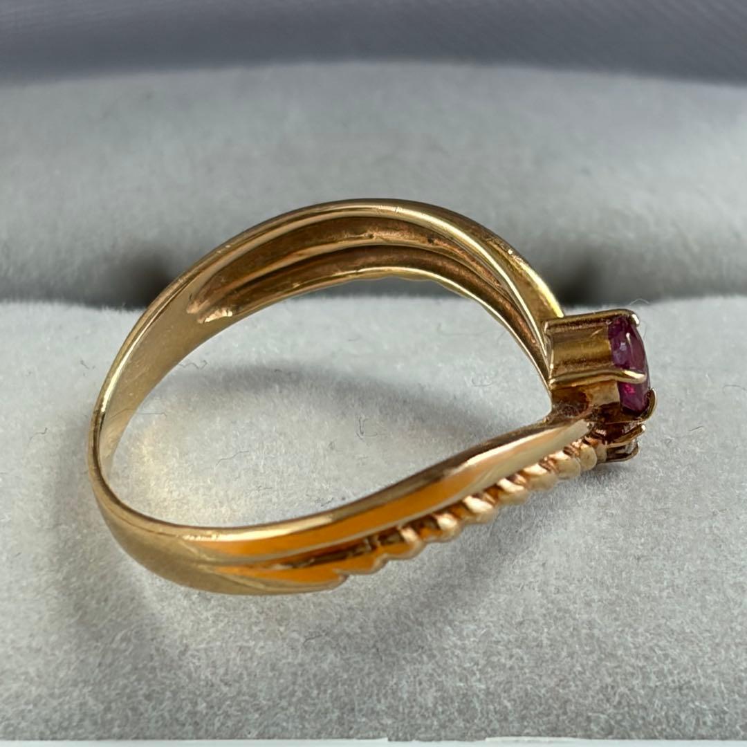 ルビー ダイヤモンド ゴールドリング 7号 K18 2.0g V字ツイスト