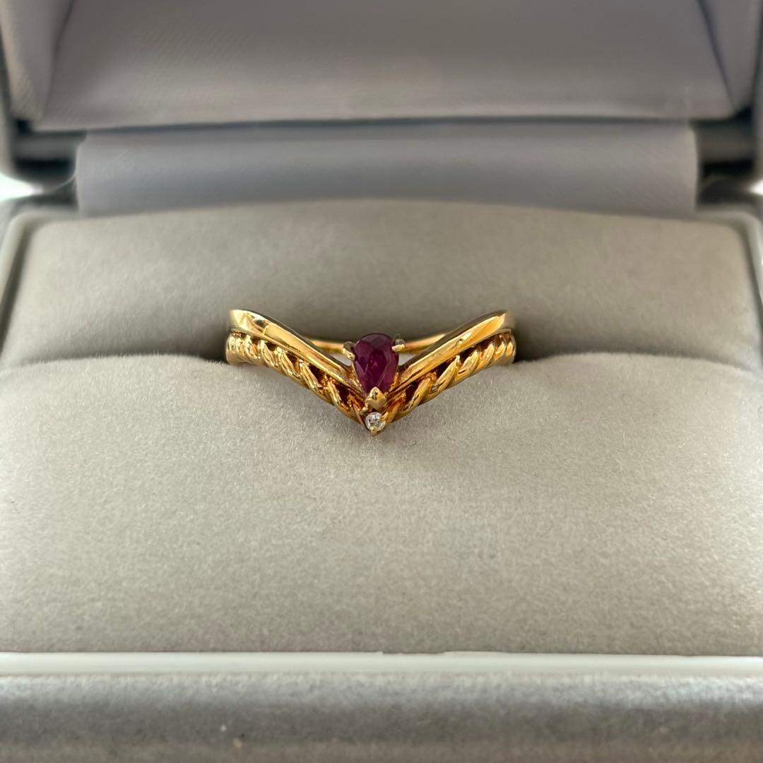 ルビー ダイヤモンド ゴールドリング 7号 K18 2.0g V字ツイスト