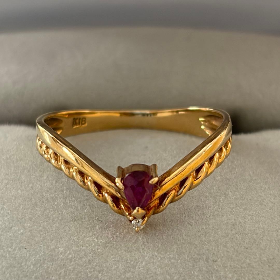 ルビー ダイヤモンド ゴールドリング 7号 K18 2.0g V字ツイスト