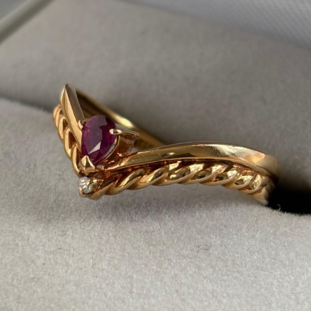 ルビー ダイヤモンド ゴールドリング 7号 K18 2.0g V字ツイスト