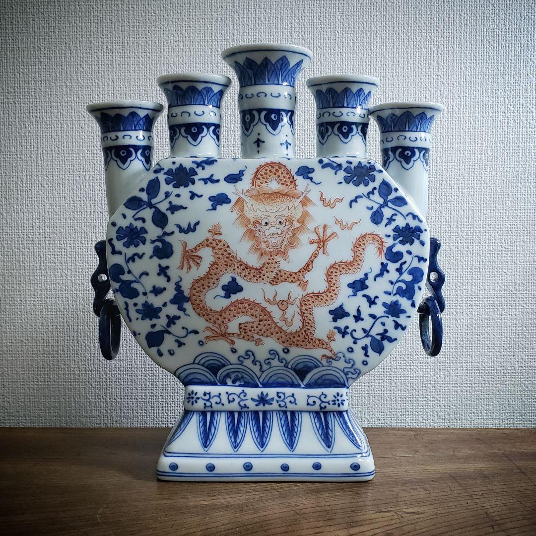 大清乾隆年製 五連多口花瓶 染付 龍紋 中国 花器 花生