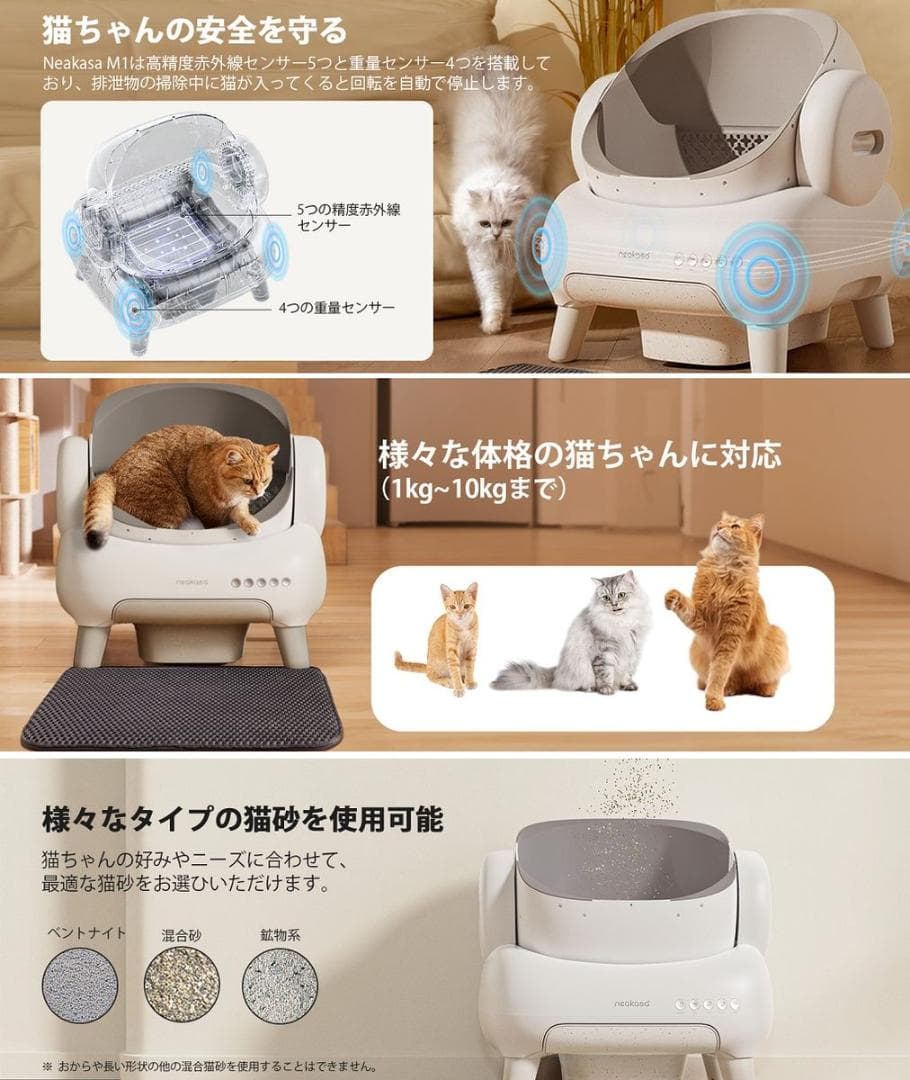 Neakasa M1 PLUS 全自動猫トイレ 開放式広々設計 完全密封消臭
