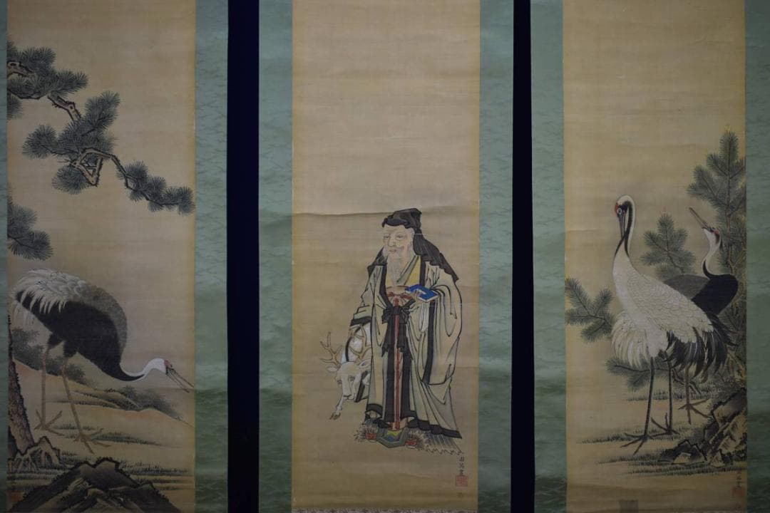 真作/周英/寿老人松鶴図/三福対/布袋屋掛軸HE-499