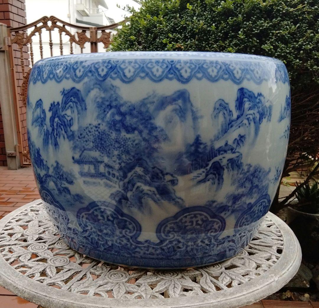 中国骨董50年以上旧蔵唐物 染付手絵山水紋大鉢 火鉢、金魚鉢、睡蓮鉢、水槽に兼用
