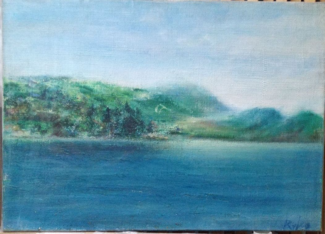 黒曜石とりに神津島へ　旧石器時代の景色　油彩　真作画　F4　清々しい汚染のない海