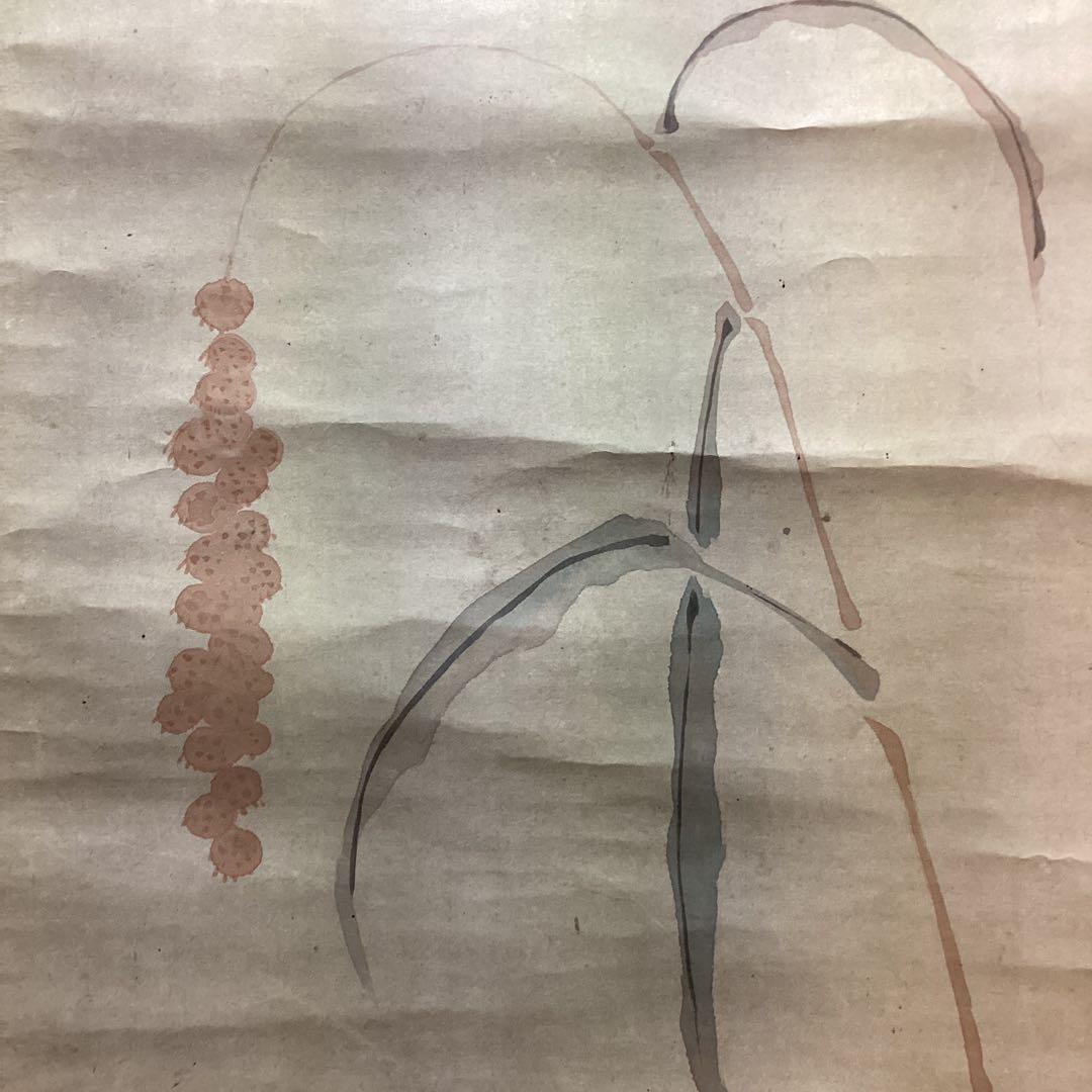 柳澤淇園　　紙本彩色画　茶掛軸　【　粟　に　鶉　図　】　肉筆画　　模写　NO39