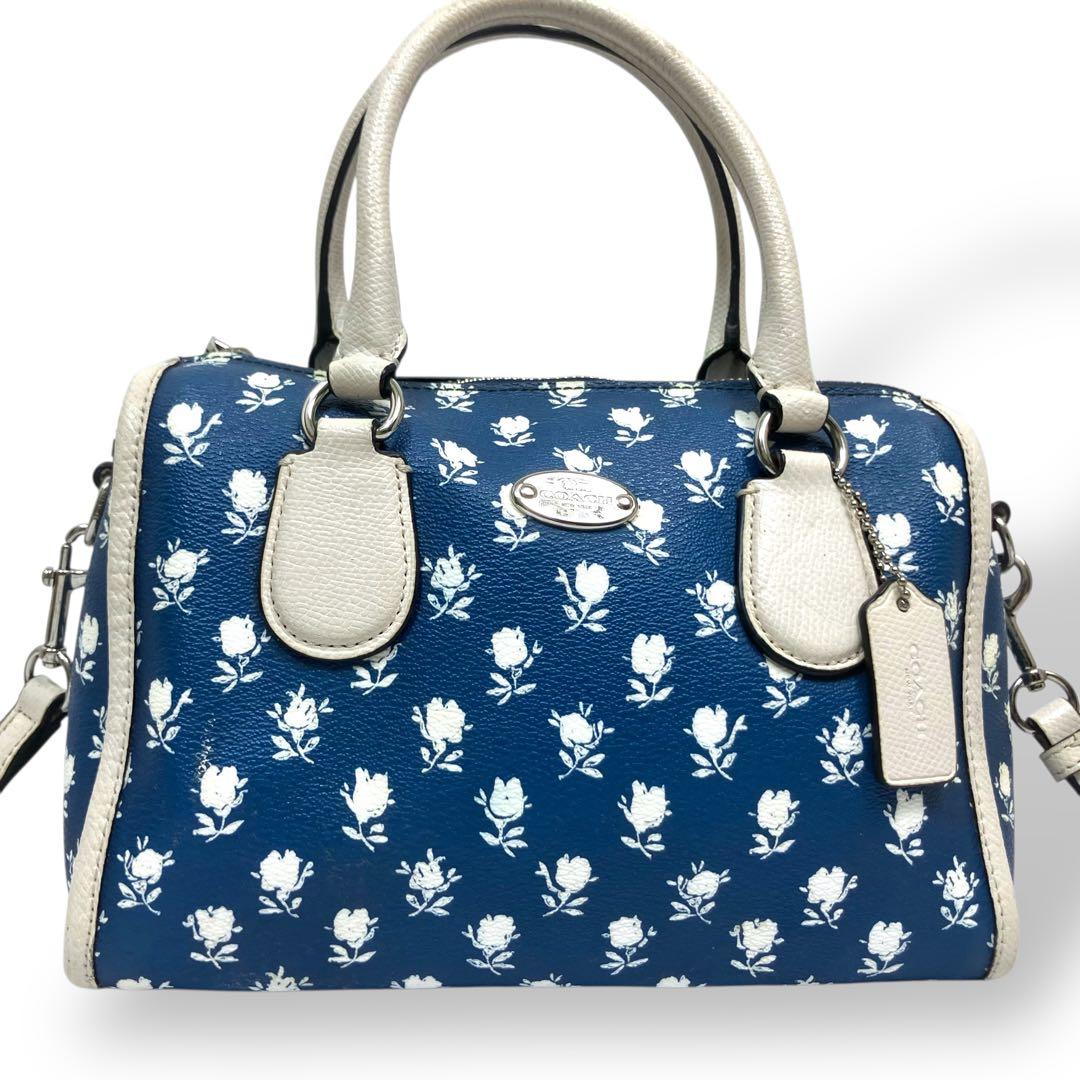 【美品】Coachコーチ　ミニボストンバッグ 花柄　ブルー　PVC 2way