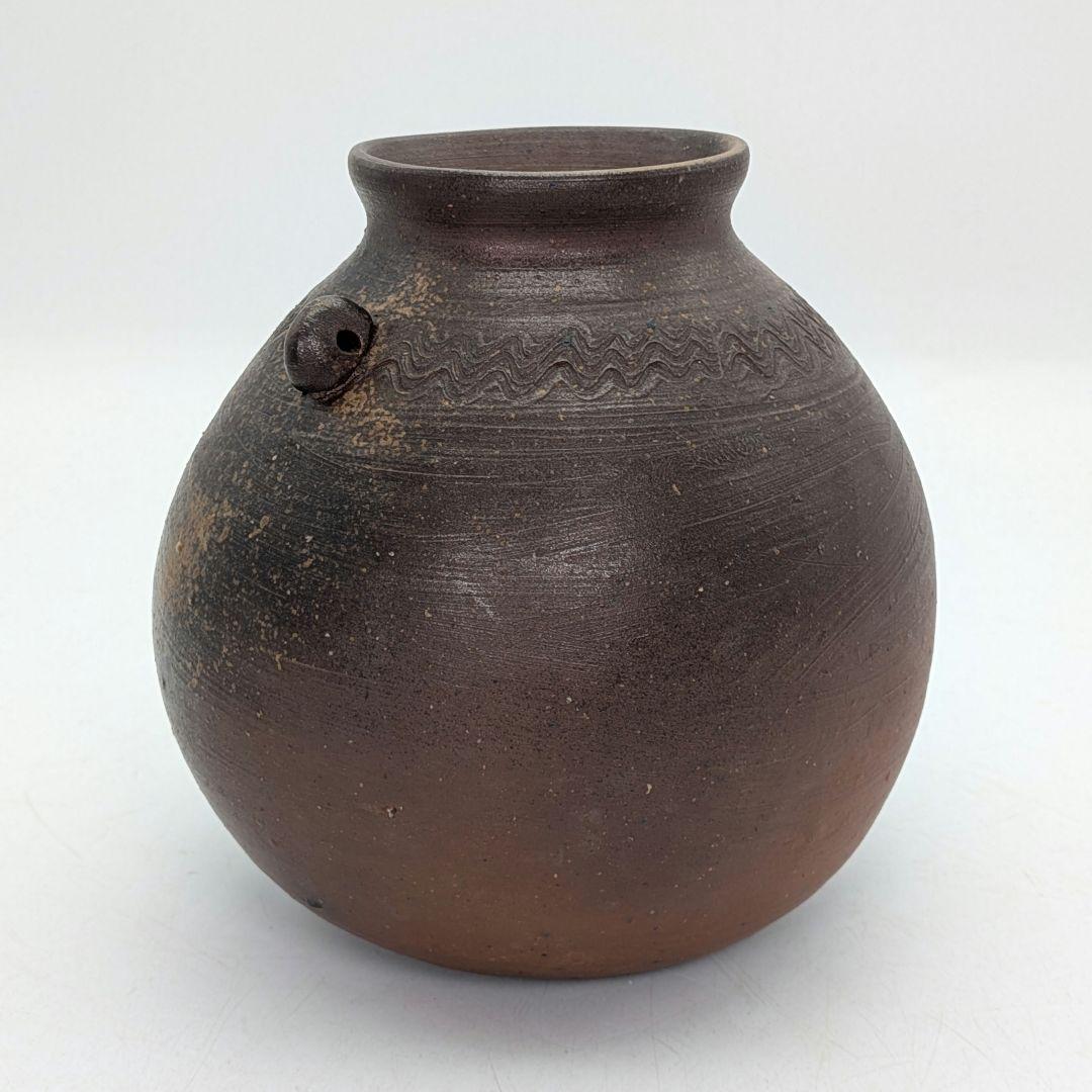 岡山県重要無形文化財 伊勢崎満 備前焼 耳付扁壺花生 共箱 花器 フラワーベース