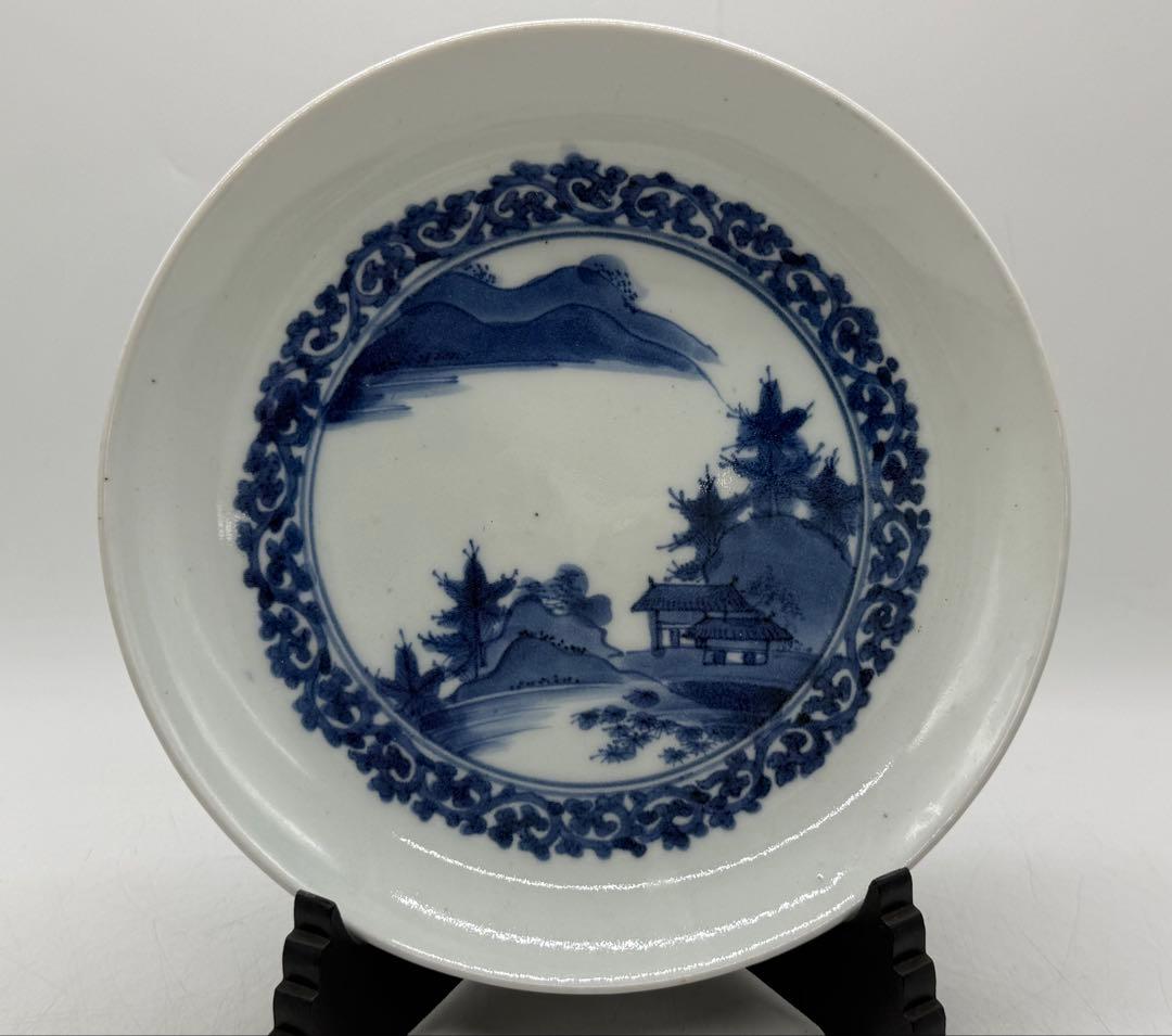 藍柿右衛門　染付山水紋中皿　大明成化年製銘　アンティーク　送料込み260115